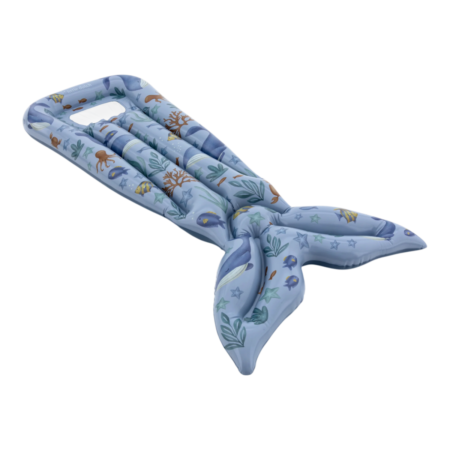 Blue inflatable mermaid-tail pool float with an ocean life print (fish, coral, starfish). It has two tubular sections for seating and a tip resembling a mermaid fin.