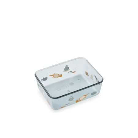 Rectangular transparent glass storage container with rounded corners and colorful fish illustrations.