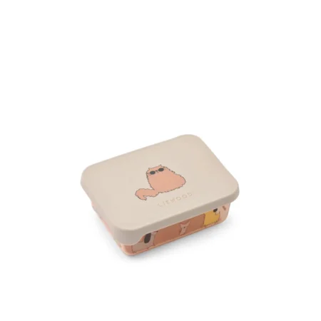 Rectangular lunch box with a light beige lid showing a pink fluffy animal illustration. The sides have a peach color with animal print designs.