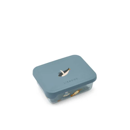 Blue rectangular lunch box with a rounded lid featuring a white and orange bird logo on top and a subtle side design.