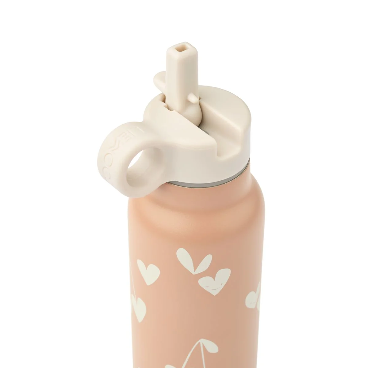 a29udGFpbmVyL25ldy80OTQ5LzE3NzkyMTgwdjEucG5n Pale pink kids' water bottle with a white flip-top spout and white heart pattern.