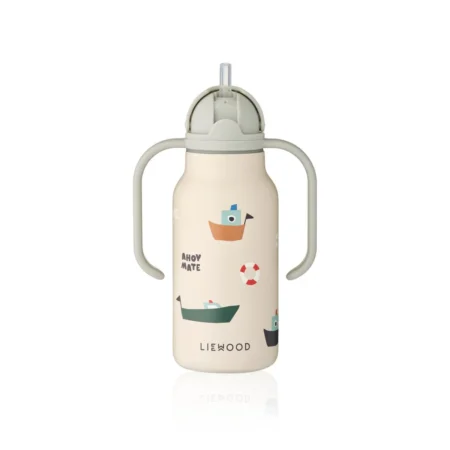 Sippy bottle with two side handles and a straw, beige with nautical boat graphics and 'LIEWOOD' at the bottom