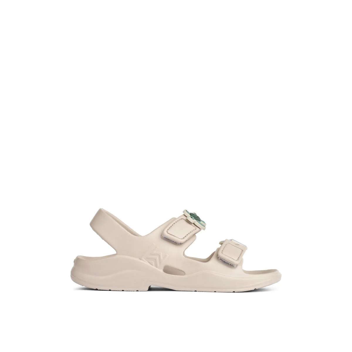 a29udGFpbmVyL25ldy80OTQ5LzE3ODU2MDQydjEucG5n Beige sandal with two adjustable straps and a chunky sole, viewed from the side for a product shot.