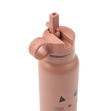 Pink kid's water bottle with a cat-face design and a pink flip-top straw lid