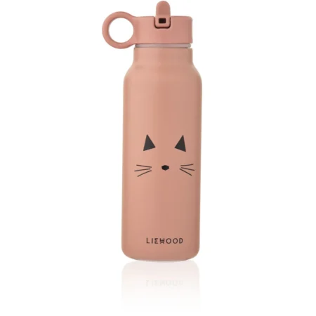 Pink metal water bottle with a simple black cat face design (eyes, nose, whiskers) and a loop cap ring at the top, branded Lieood/ Liesood.