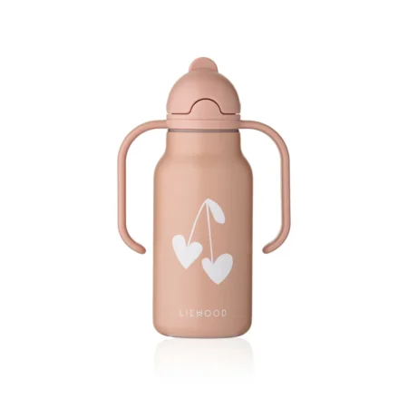 Pink kids' water bottle with two curved side handles and a white cherry graphic (LIEWOOD brand).