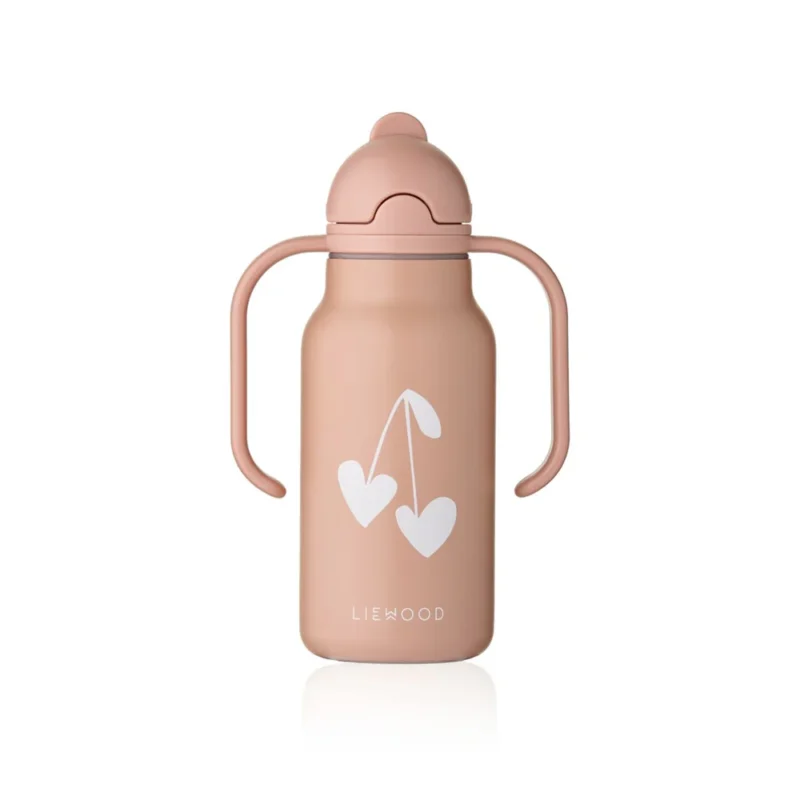a29udGFpbmVyL25ldy80OTQ5LzE4MTczOTQ1djEucG5n_ce7b03f3-ccec-4cd2-80e8-1357fcd01773 Pink kids' water bottle with two curved side handles and a white cherry graphic (LIEWOOD brand).