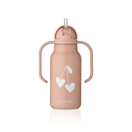Pink kids' water bottle with two side handles and a clear straw, featuring a white cherry-heart graphic on the front.