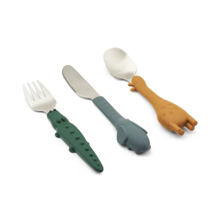 Three children's utensils with animal-shaped handles: green fork, blue knife, and orange giraffe spoon on a white background