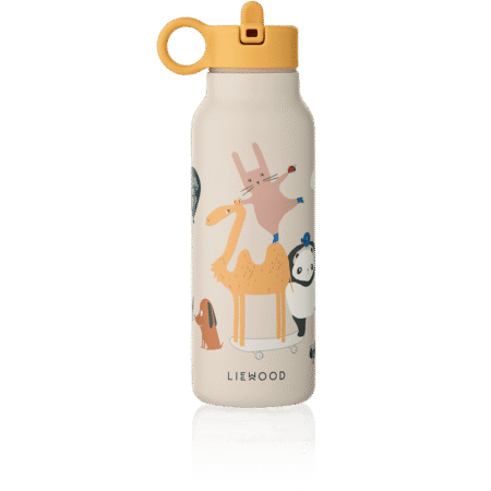 Kids' water bottle with a yellow cap and ring, showing playful animals (rabbit, camel, panda) on a light background; LIEWOOD branding at the bottom.